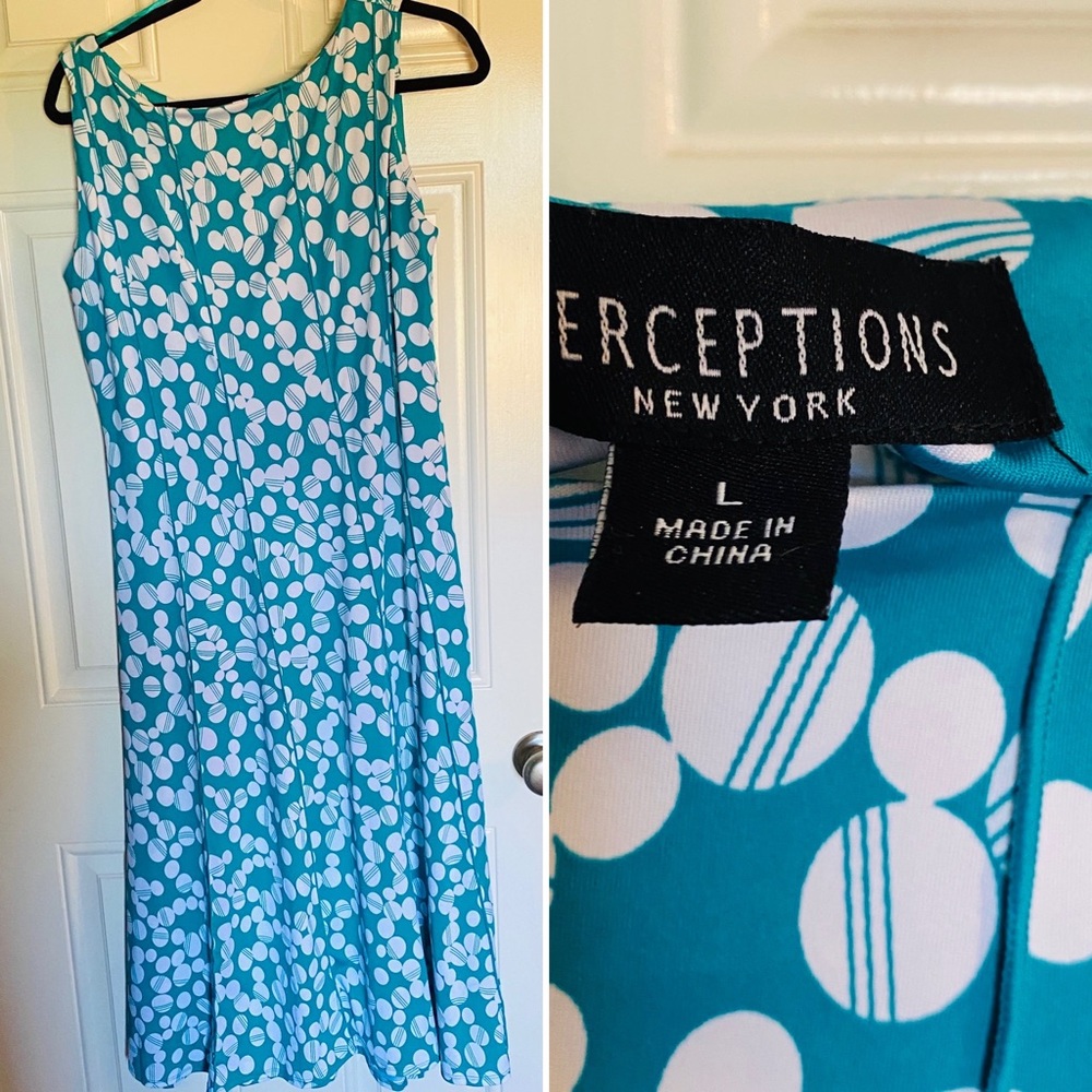 Sleeveless teal and polka dot tea length dress